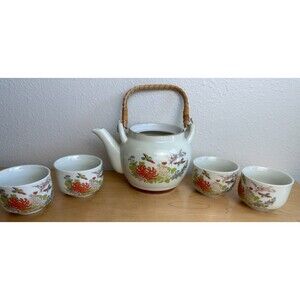 Vintage OMC Japan Tea Set Teapot & 4 Cups Floral Bird Design No Lid
